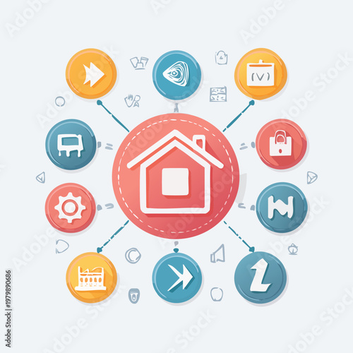 Home icon surrounded by various application icons and symbols.