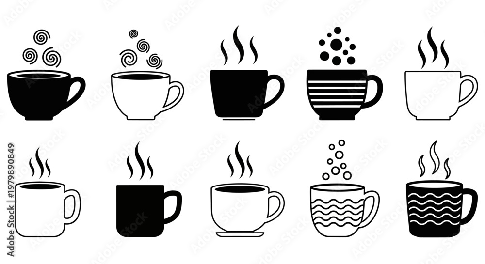 Obraz premium Versatile collection of coffee cup icons with bubbles swirls and wavy patterns on white background for creative design projects and cafeteria menu branding sets
