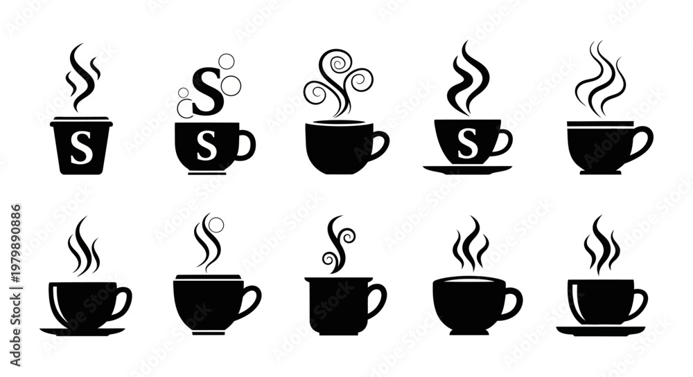 Obraz premium Artistic coffee cup icons with swirl steam and letter ornaments for premium cafe branding and logo design elements collection of unique black silhouette vectors