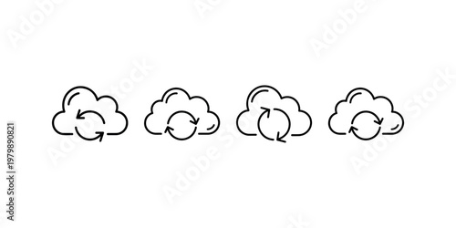 Cloud data synchronization icon set featuring outline clouds with circular arrows for backup and update processes in modern digital computing technology