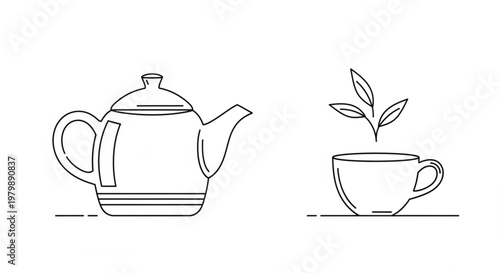 Tea pot and cup with leaves simple line drawing tea time hot beverage relaxation calmness still life black and white minimalistic art kitchenware tea set drink refreshment