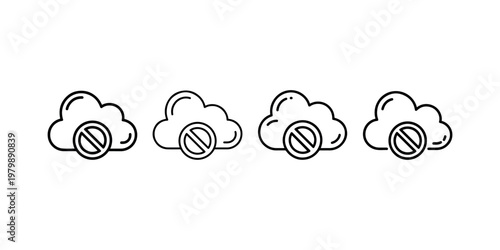 Cloud storage access denied icon set featuring outline clouds with prohibition symbols for restricted data and connection error notification illustrations