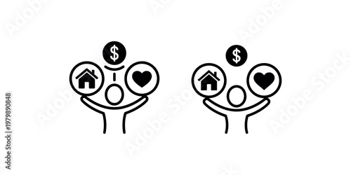 Life balance concept icon showing human figure juggling heart house and dollar sign symbols for work lifestyle harmony and financial stability planning