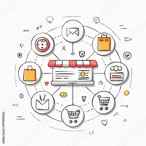 Online shopping concept with store and shopping cart icons.
