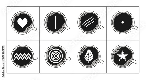 Latte art top view coffee cup set icon collection for cafe menu bar coffeehouse beverage shop morning drink foam pattern design flat vector illustration set
