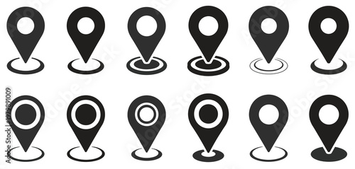 Location pin icon set map pointer collection of red and black location pin icons maps navigation GPS tracking and direction interfaces, location search route planning and digital map marker concept ve