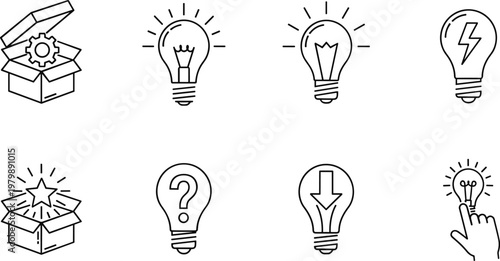 Creative Idea and Innovation Line Icon Set with Light Bulb Concepts, Thinking Symbols, Startup Inspiration, and Problem Solving Outline Vector Collection
