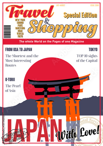 Travel and Shopping Magazine Fake Cover. Japan with Love. The Floating Gate Tokyo Tourist Attraction Illustration. Japanese Flag, Vector Template for Touristic Illustrations, Posters, Covers