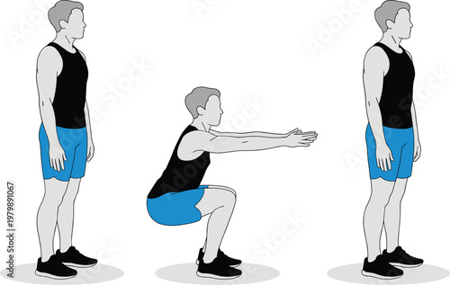 Bodyweight squat exercise step by step illustration fitness training flat vector