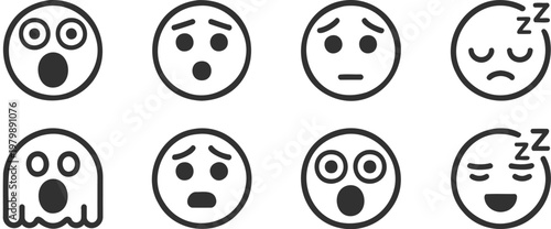 Surprised and shocked emoji face icon set, minimal outline expression collection showing fear, confusion, yawning, and thinking moods, clean vector graphics for messaging apps and chat reactions.