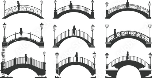 Pedestrian bridge silhouettes with ornate railing designs human crossing concept flat vector
