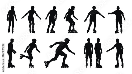 A collection of black silhouettes depicts diverse figures actively roller skating in various dynamic poses and attire high quality professional detailed