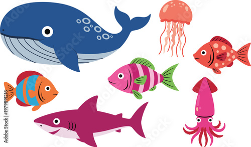 Cute colorful underwater sea animals set with whale, shark, fish, jellyfish and squid vector illustration for kids marine life design