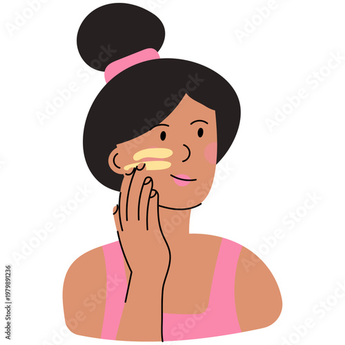 Woman Applying Sunscreen on Face. Woman applying sunscreen on face in flat style. Modern SPF skincare illustration perfect for sun protection, beauty routine, summer care and healthy skin concepts.