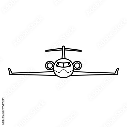 Front view illustration of a modern jet airplane with swept wings and engines mounted under the wings.