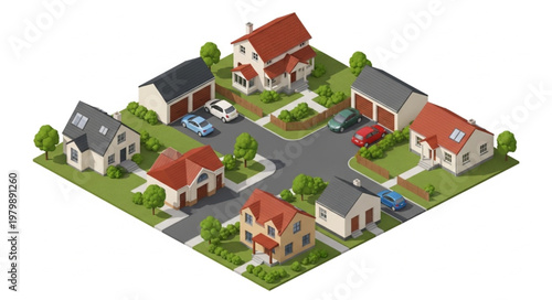 Suburban Neighborhood with Houses and Cars.