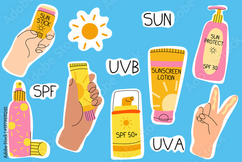 Sunscreen Sticker Pack. Set of sunscreen and sun protection stickers in flat style. Cute SPF, UV and skincare elements perfect for summer design, planners, social media and packaging.