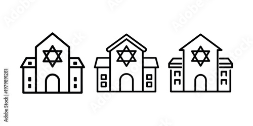 Synagogue icon, jewish place of worship, star of david symbol, religious building, temple architecture, judaism culture, outline vector