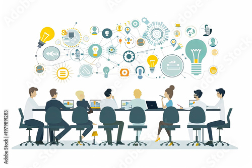 A team meeting is in session, with an emphasis on collaboration and innovative ideas, showing interconnected elements of business strategy and problem solving