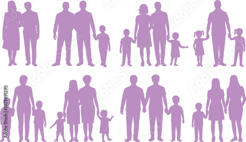 Family silhouettes in diverse group poses parents children bonding concept flat vector