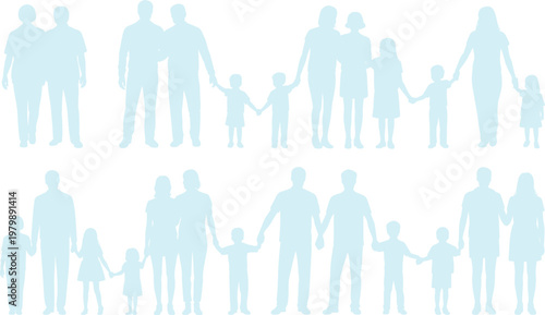 Family silhouettes in diverse group poses parents children unity bonding flat vector