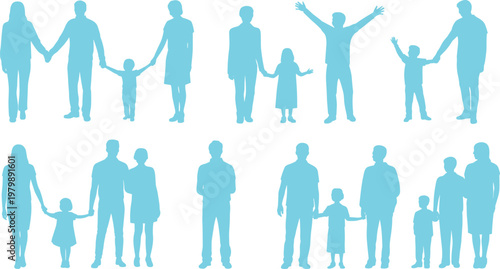 Family silhouettes in diverse group poses parents children unity concept flat vector