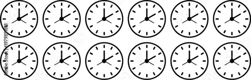 Time and clock icon set including twelve hours o'clock sharp analog wall clock icons in clean thin line design for schedule planning and time tracking visuals