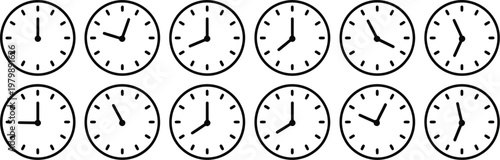 Time and clock icon set with complete twelve hours pointed clockwise o'clock analog wall clocks in thin line vector style for interface and timing concepts