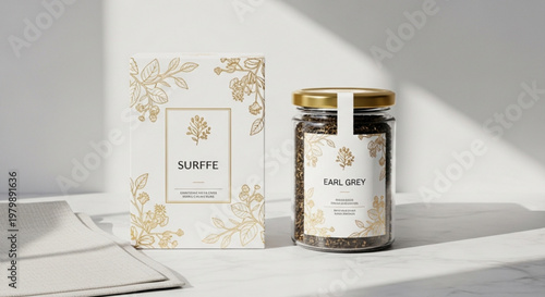Earl grey tea in a glass jar with gold lid and packaging on a white surface with natural light