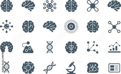 Set of medical and scientific icons featuring human brains dna strands and laboratory research equipment symbols