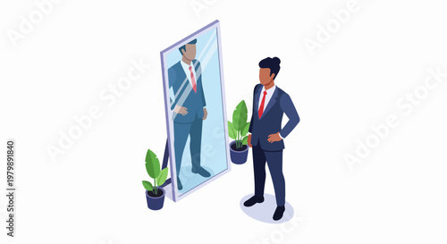 Isometric Businessman Looking in Mirror for Self-Reflection and Professional Identity Concept