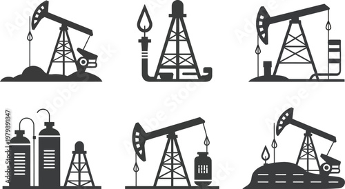 Set of six oil and gas extraction icons showing drilling rigs and petroleum pumping machinery silhouettes
