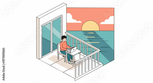 Digital Nomad Working on Laptop on Balcony with Ocean View at Sunset. Isometric Illustration of Remote Work and Work-Life Balance Concept.