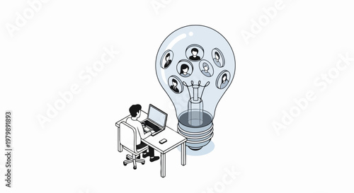 Isometric Illustration of Professional Working on Laptop with Team Collaboration and Brainstorming Concept inside a Light Bulb for Business Innovation and HR Recruitment