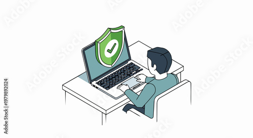 Isometric Illustration of a User Protecting Personal Data on a Laptop with a Secure Green Shield and Checkmark for Cybersecurity Concepts