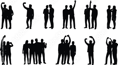 Black silhouette people taking selfies group friends smartphone social media flat vector