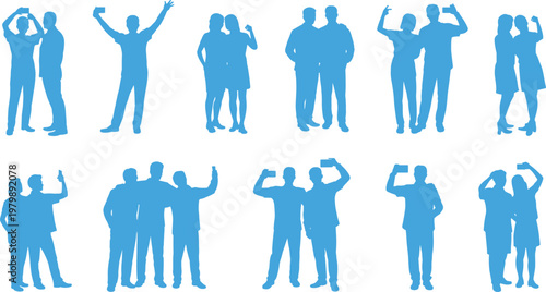 People taking selfies group friends smartphone poses social media flat vector illustration