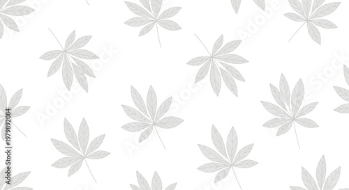 Seamless pattern of light grey stylized cannabis leaves on a white background, vector illustration