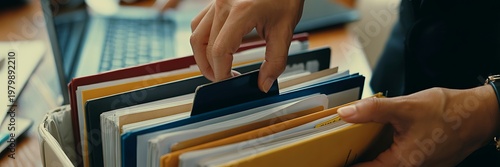 Professional hands meticulously organize vibrant business documents and folders within a busy office setting