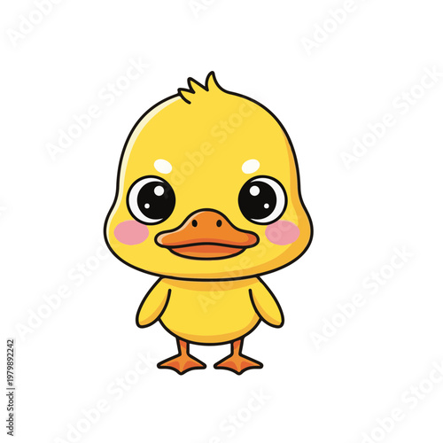 An adorable little yellow duckling cartoon character stands innocently, a charming and cheerful illustration perfect for children's books, playful designs, and engaging educational content