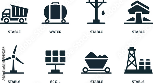 Set of various industrial and renewable energy icons representing modern infrastructure and transportation systems for businesses