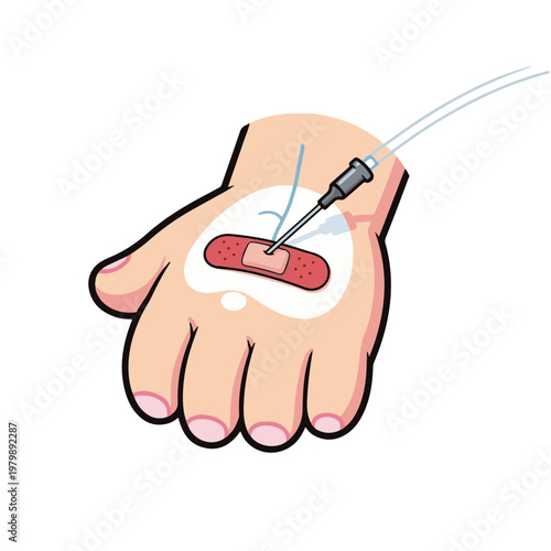 Vibrant cartoon illustration of a hand with an intravenous catheter, bandage, and needle inserted, representing medical care, treatment, and hospital procedures