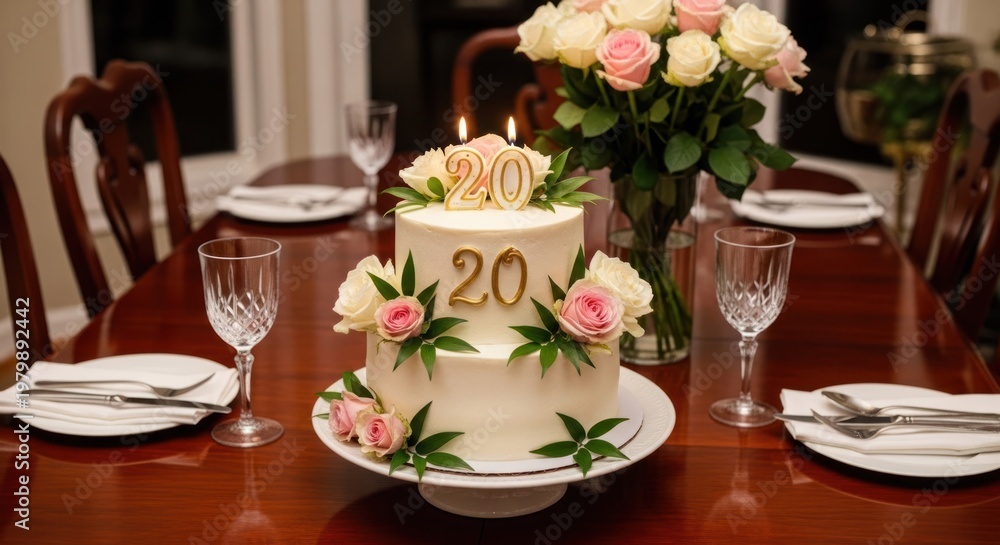 Fototapeta premium A beautifully decorated wedding cake with pink and white roses, candles, and a number 20 on top, placed on a wooden table with a vase of flowers and a set of silverware.