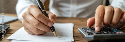 Professional hands performing financial calculations and recording details with a fountain pen on a classic wooden desk