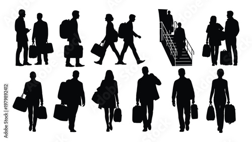 A collection of black silhouette figures depicts people walking and carrying shopping bags suggesting a busy urban environment high quality professional