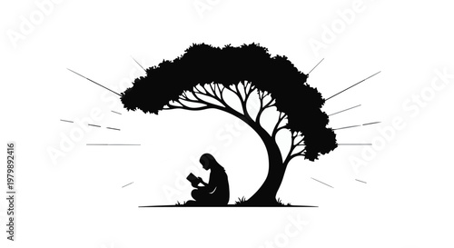 Person sits quietly reading a book under the shade of a large spreading tree.