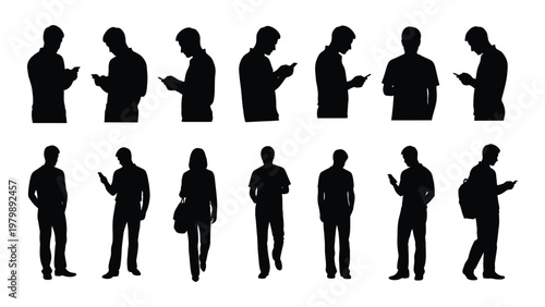 A collection of black silhouettes depicting people engrossed with their mobile phones in various casual stances high quality professional detailed modern