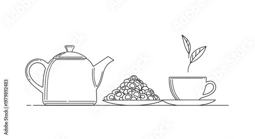 Tea time setup with teapot cup and plate of loose leaf tea on a table