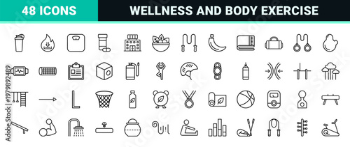Fitness and healthy lifestyle outline icon set for gym and wellness