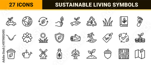 Sustainable ecology and green energy line icon set for environmental conservation.